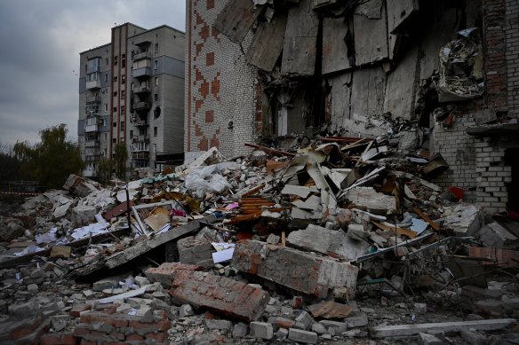 An apartment building that was destroyed by a missile strike on November 9, 2022 in Lyman, Ukraine.