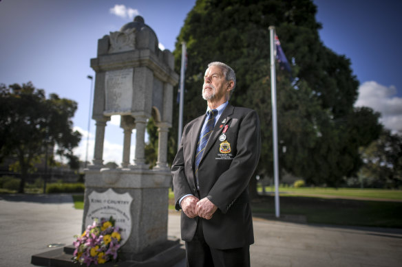 Vietnam veteran Warrick McDonald laid wreaths alone at Bentleigh RSL on Friday.