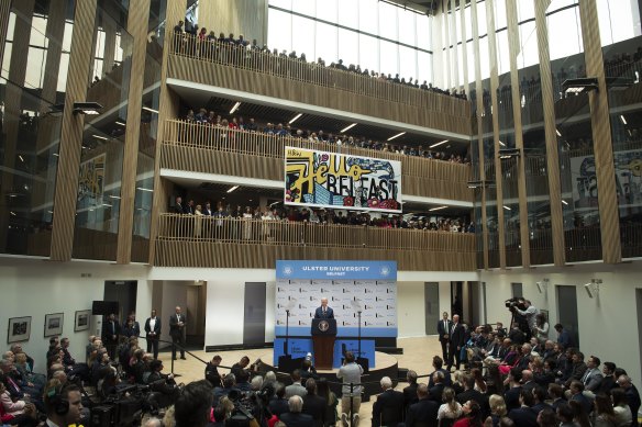 US President Joe Biden delivers a speech at Ulster University in Belfast, Northern Ireland. 