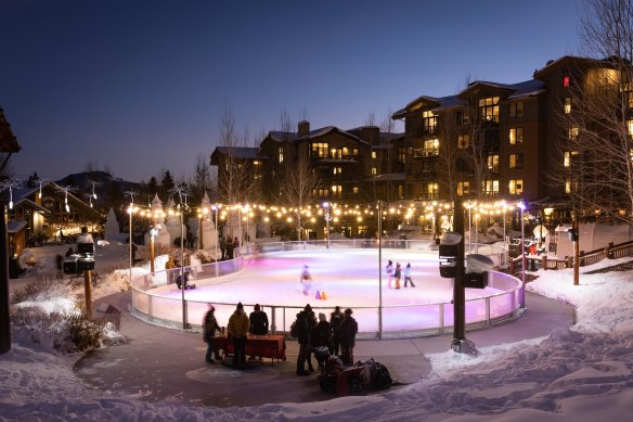 Skating rink in the village centre, Teton Village, Jackson Hole Mountain Resort.