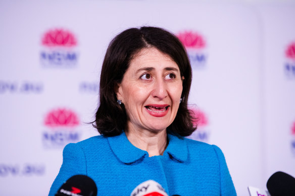 NSW Premier Gladys Berejiklian announcing her state’s 80 per cent road map.