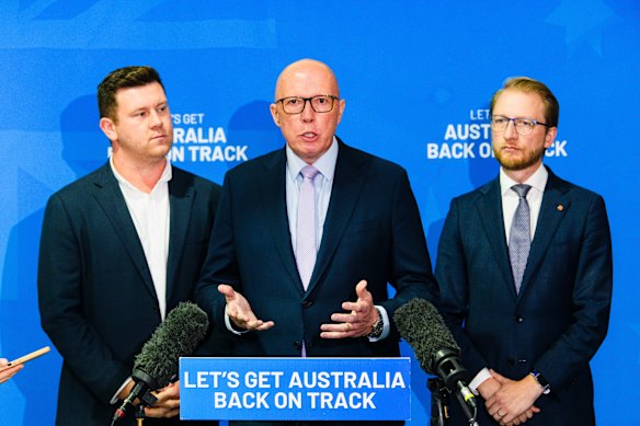 Peter Dutton speaking in Frankston on his proposed crime crackdown alongside Liberal candidate Nathan Conroy (left) and Senator James Paterson (right).