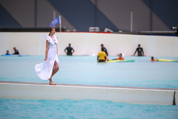 A model wearing Joslin on the runway at URBNSURF, one of the locations used for the Melbourne Fashion Festival’s digital runway series.