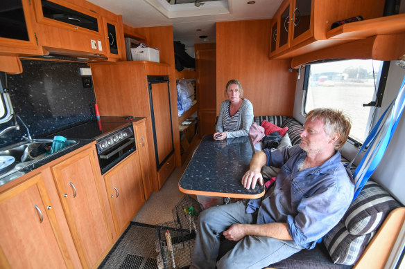 Eric and Rebecca West in their caravan at the Bairnsdale relief centre.
