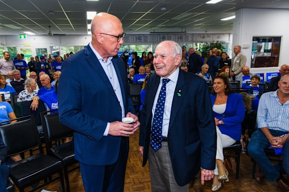 Peter Dutton and John Howard during the 2025 election campaign. 