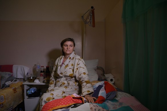 Viktoriya Prokopenko, 48, recovers in the surgical department of Kostyantynivka Hospital with a punctured lung from shrapnel. Viktoriya was at home with her husband when their home was hit in a strike on November 9.