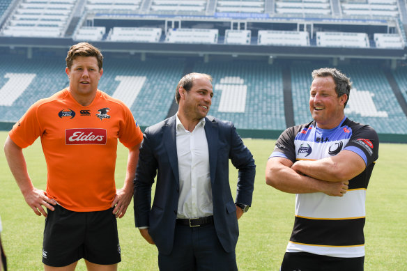 Now-Rugby Australia CEO Phil Waugh pictured with NSW Country captain Paddy Ryan and Perth Spirit skipper Heath Tessman before the 2016 NRC decider.