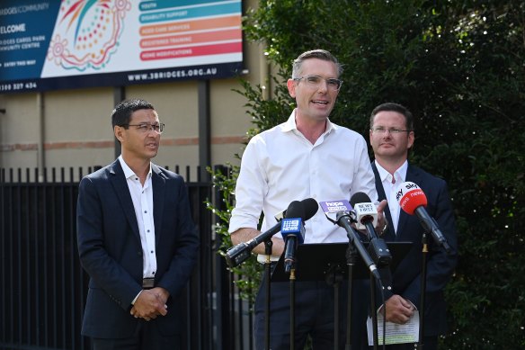 Premier Dominic Perrottet campaigns with Liberal candidate for Kogarah Craig Chung, left, earlier this month.