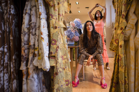 Connie (left) wears Pasduchas jumpsuit ($79 to rent) and Dubs wears Cecilie Copenhagen dress ($89 to rent) at the new rental hub at David Jones' Sydney store.