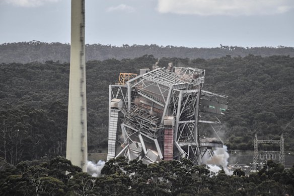 The demolition by explosives of the Alcoa’s Anglesea power station in 2018. 