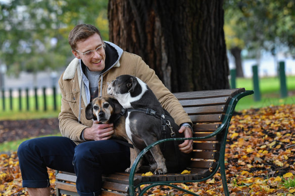 Jordan Roughead with Louie and Bill the Bulldog.