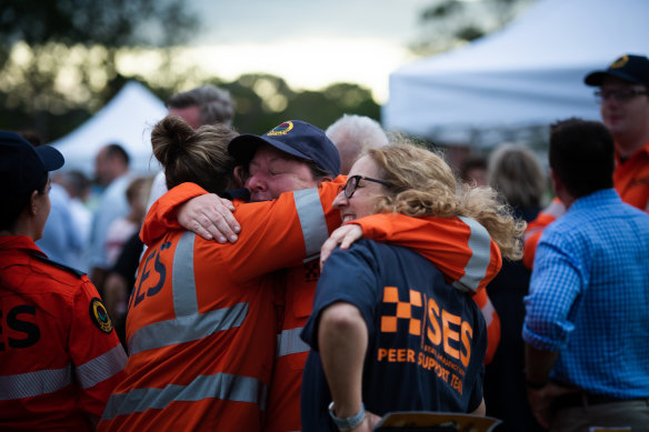 Crowds gather for the memorial at Mortimer Park in Lismore to mark a year since the floods on February 28, 2023.