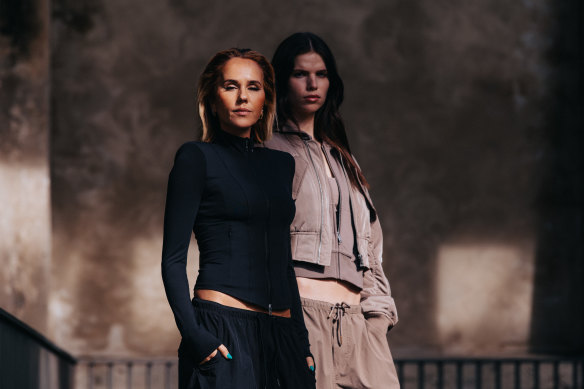 Pip Edwards (left) with model Liv Parsons in a look from the new P.E Nation aesthetic that will launch at Australian Fashion Week.