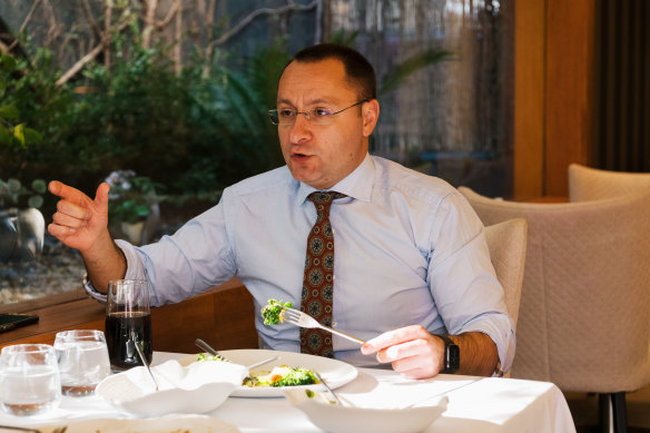 Vasyl Myroshnychenko’s conversation makes paying attention to the food difficult.