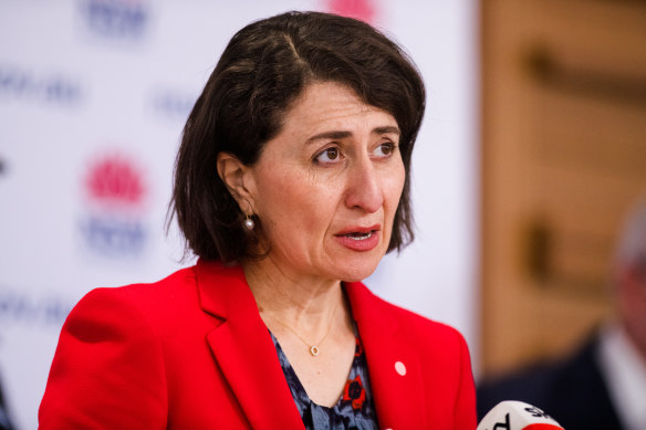 NSW Premier Gladys Berejiklian addressing the media at today’s press conference. 