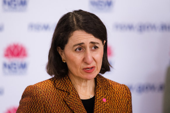 NSW Premier Gladys Berejiklian at today’s press conference. 