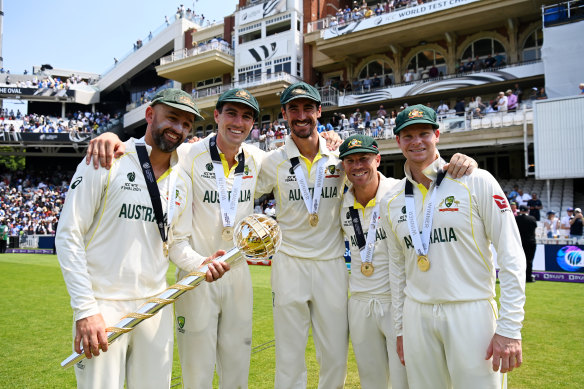 David Warner (second from right) has already retired - and Nathan Lyon, Pat Cummins, Mitchell Starc and Steve Smith will be edging closer by the time the Ashes roll around again.
