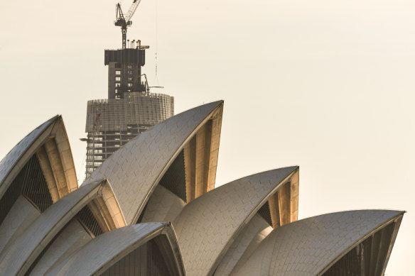 The Barangaroo Crown Casino looms over the Sydney Opera House.