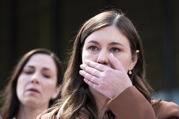 Brittany Higgins speaks to the media outside the ACT Supreme Court on Thursday morning.