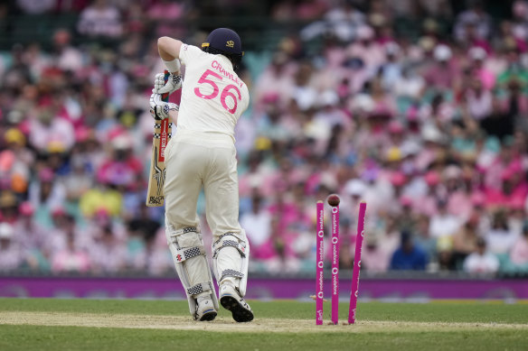Zak Crawley is bowled by Scott Boland at the SCG in 2022. 