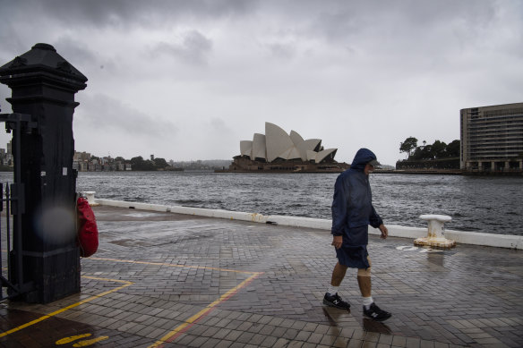 Rain at Circular Quay this morning. The worst of the storm is expected to arrive tonight.