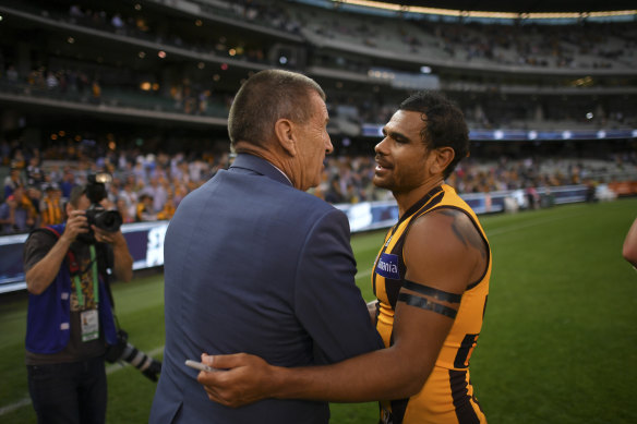 Jeff Kennett and Cyril Rioli in Rioli’s last season of AFL football, in 2018.