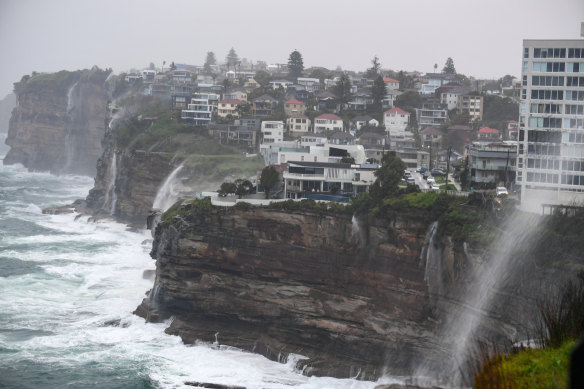 Dover Heights and Diamond Bay, looking south from Vaucluse, as storm water is blown back by strong winds that battered Sydney’s coastline earlier in the week.