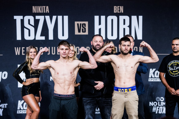 Australian boxers Tim Tszyu and Ben Horn weigh in  ahead of their fight at the Entertainment Quarter in Sydney.