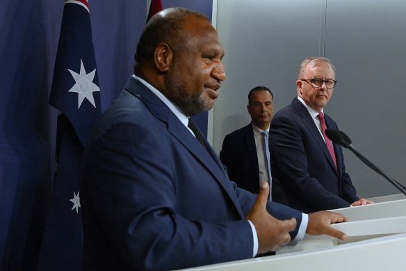 PNG Prime Minister James Marape with Australian counterpart Anthony Albanese and ARLC chair Peter V’Landys at the announcement of a new PNG NRL team on Thursday.
