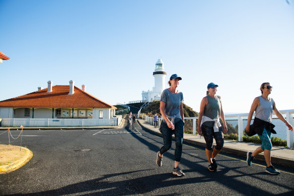 Residents exercising at the lighthouse during lockdown in Byron Bay.