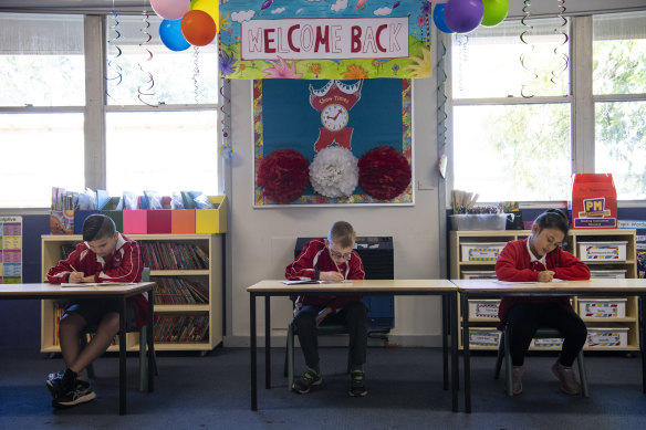 Balloons greeted year 3 students who went back to school at Emu Plains Public school on Monday, as students worked on individual tables.