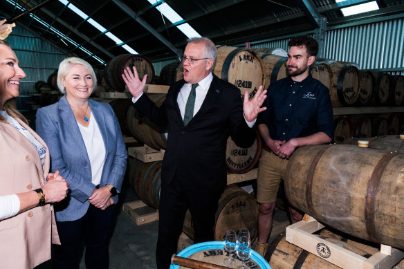 Prime Minister Scott Morrison visits Lark Distillery in Hobart.