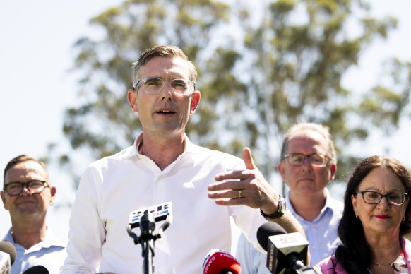 “Leave my family out of it”: Premier Dominic Perrottet addresses the media on Thursday.