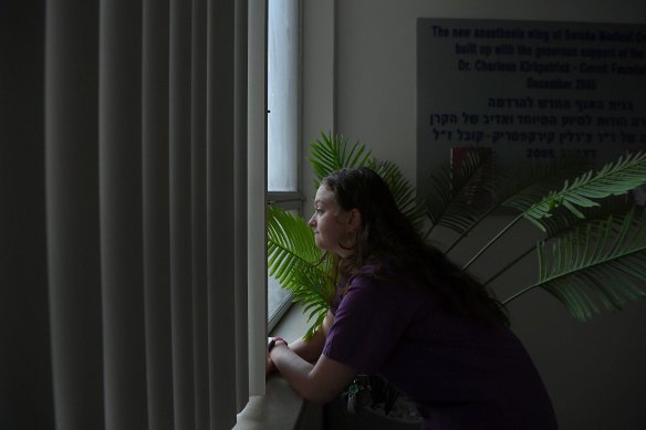 Karina Kyviat in the trauma ward where she worked for hours on patients wounded during the Hamas attack. Be’er Sheva, Israel. 