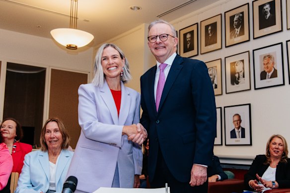 Renee Coffey with Prime Minister Anthony Albanese at Labor’s first caucus meeting since being re-elected. 