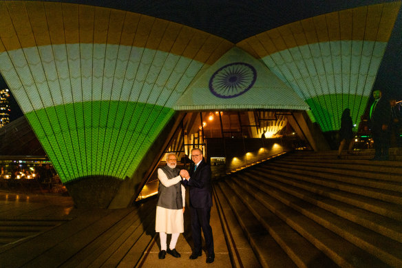 Narendra Modi and Anthony Albanese outside the Opera House in Sydney in 2023. 