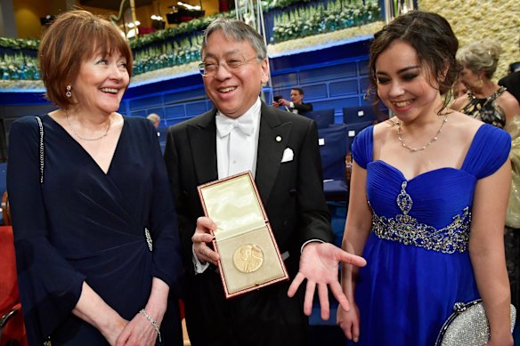Nobel laureate Kazuo Ishiguro with his wife Lorna MacDougall (left) and daughter Naomi Ishiguro in 2017.