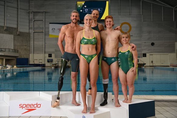 Members of the Paralympic team
Brenden Hall, Keira Stephens, Ellie Cole, Cole Pearse, and Tiffany Thomas Kane.