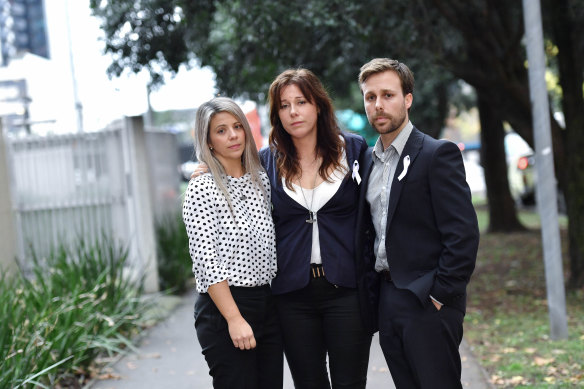 Joy Rowley’s children, Nadine Power, Renee Woolridge and Aaron Woolridge, outside the  Coroners Court during the 2018 inquest.