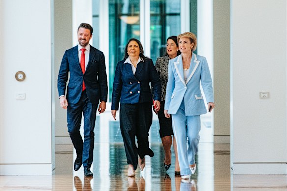 Senator Jonathon Duniam, Northern Territory Liberal Senator Jacinta Nampijinpa Price, Liberal Senator Michaelia Cash enters the Liberal Party meeting to decide the party’s leadership. 