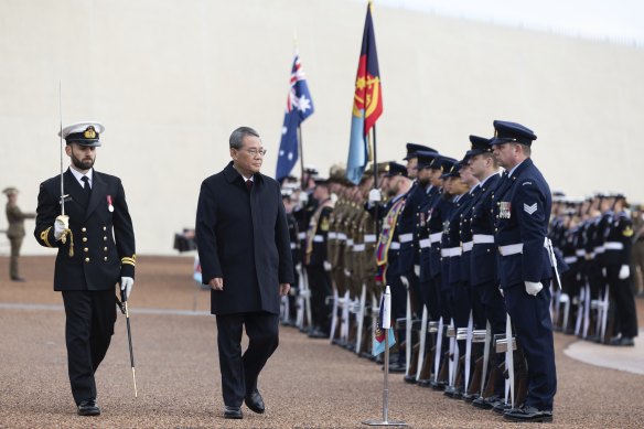 Chinese Premier Li Qiang during a ceremonial welcome at the forecourt of Parliament House.