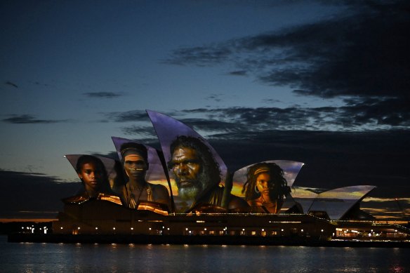 The Sydney Opera House sails honouring the nation’s traditional custodians by Brett Leavy on Australia Day. 