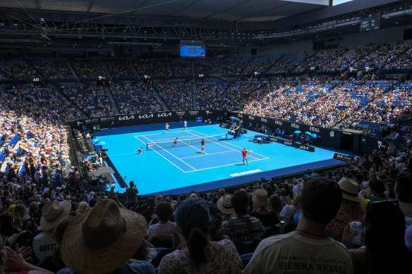 A large crowd watch Nick Kyrgios and Thanasi Kokkinakis get the better of Marcel Granollers and Horacio Zeballos at Rod Laver Arena on Thursday.