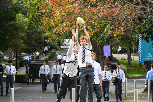 Students enjoy lunch without a mobile phone at Newington College. Teachers say mobile phone habits have intensified since lockdown.