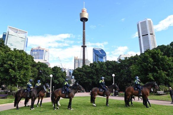 Mounted police in Sydney on July 31. Police are preparing to disrupt an anti-lockdown protest planned for Saturday. 