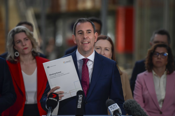 Treasurer Jim Chalmers and other cabinet ministers releasing the employment white paper in Adelaide.