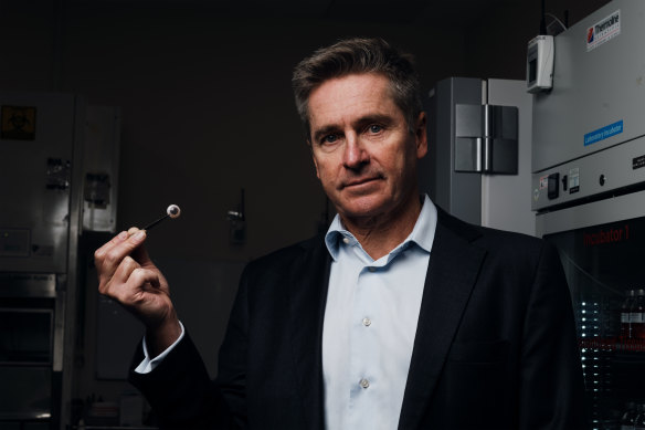 Gerard Sutton, one of Australia’s leading ophthalmic surgeons with a donated cornea, in 2021. Now, he says, “we’re close to being able to actually make them, grow them”.