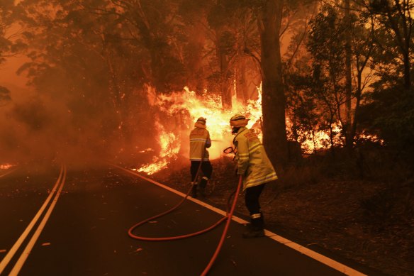 NSW Fire and Rescue attempt to hold the Gospers Mountain Fire from crossing the Bells Line of Road on Thursday. It roared over the road, destroying power lines.