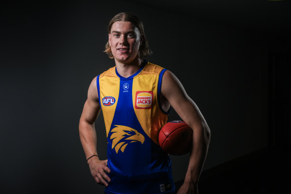 Top draft pick Harley Reid in his new Eagles jumper.