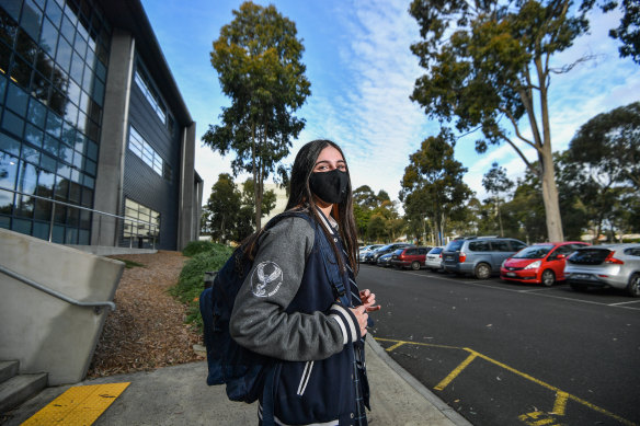 John Monash Science School student Hannah Singh, 17, is one of thousands of VCE students who had what might be their last day of class on campus on Monday, as they prepare to return to remote learning from Wednesday.